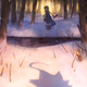 A character walks into the snowy woods in some anime concept art.
